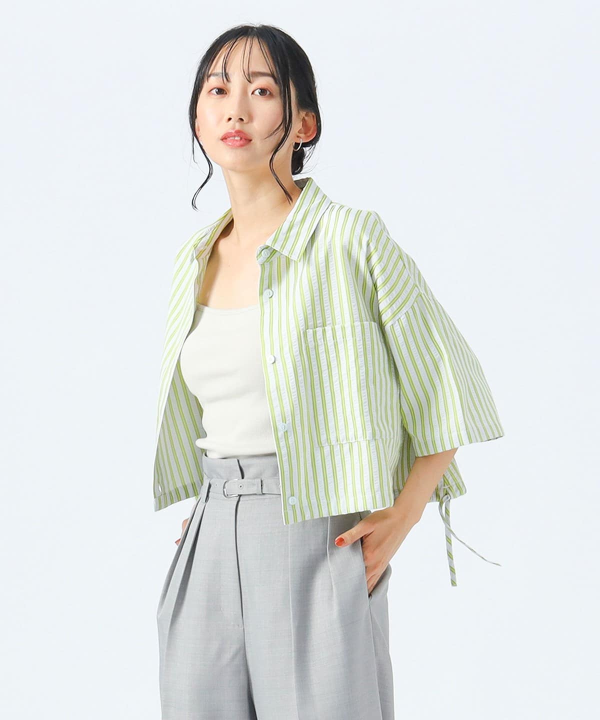 ストライプ柄 ドロスト ハーフスリーブシャツ シャツ・ブラウス WOMEN SAX ONE SIZE ストライプ柄 ドロスト ハーフスリーブシャツ シャツ・ブラウス WOMEN SAX ONE SIZE