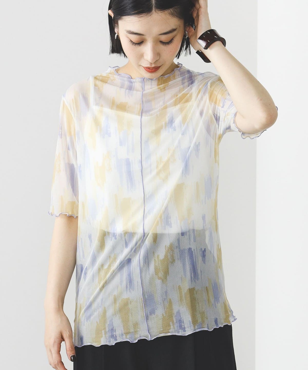 シアープリント ハーフスリーブ プルオーバー Tシャツ・カットソー WOMEN IVORY ONE SIZE シアープリント ハーフスリーブ プルオーバー Tシャツ・カットソー WOMEN IVORY ONE SIZE