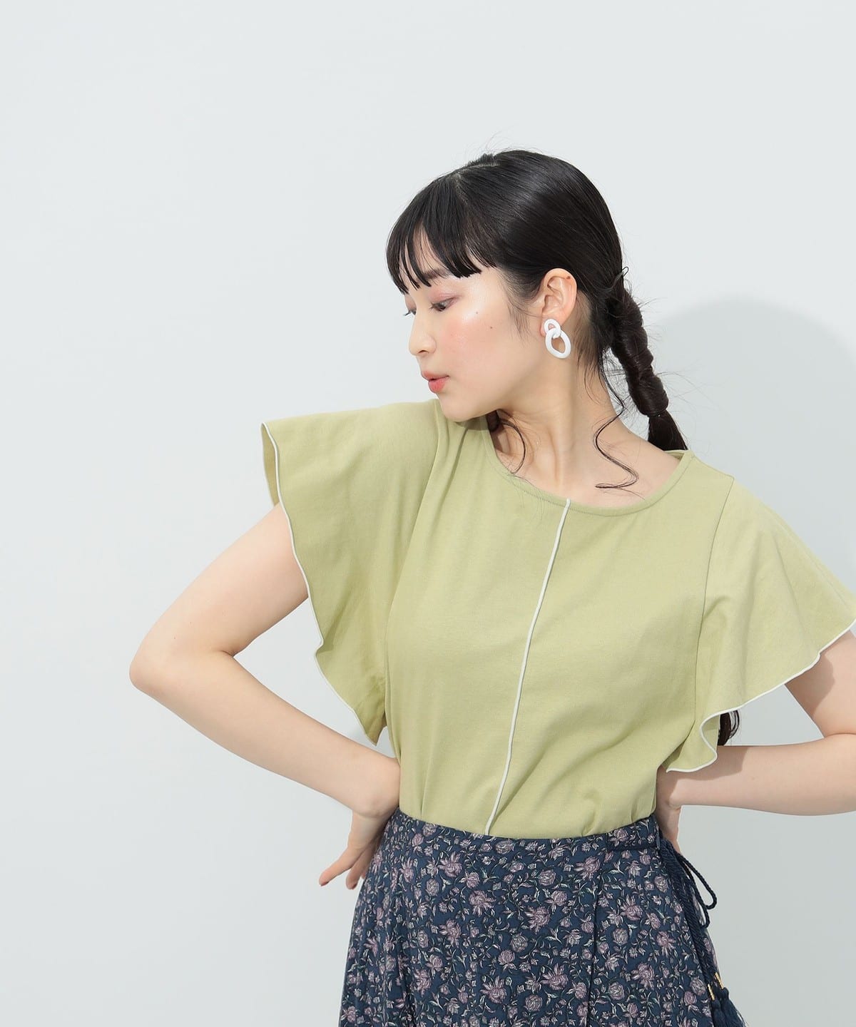 配色メロー フリルスリーブ プルオーバー Tシャツ・カットソー WOMEN LIME ONE SIZE 配色メロー フリルスリーブ プルオーバー Tシャツ・カットソー WOMEN LIME ONE SIZE