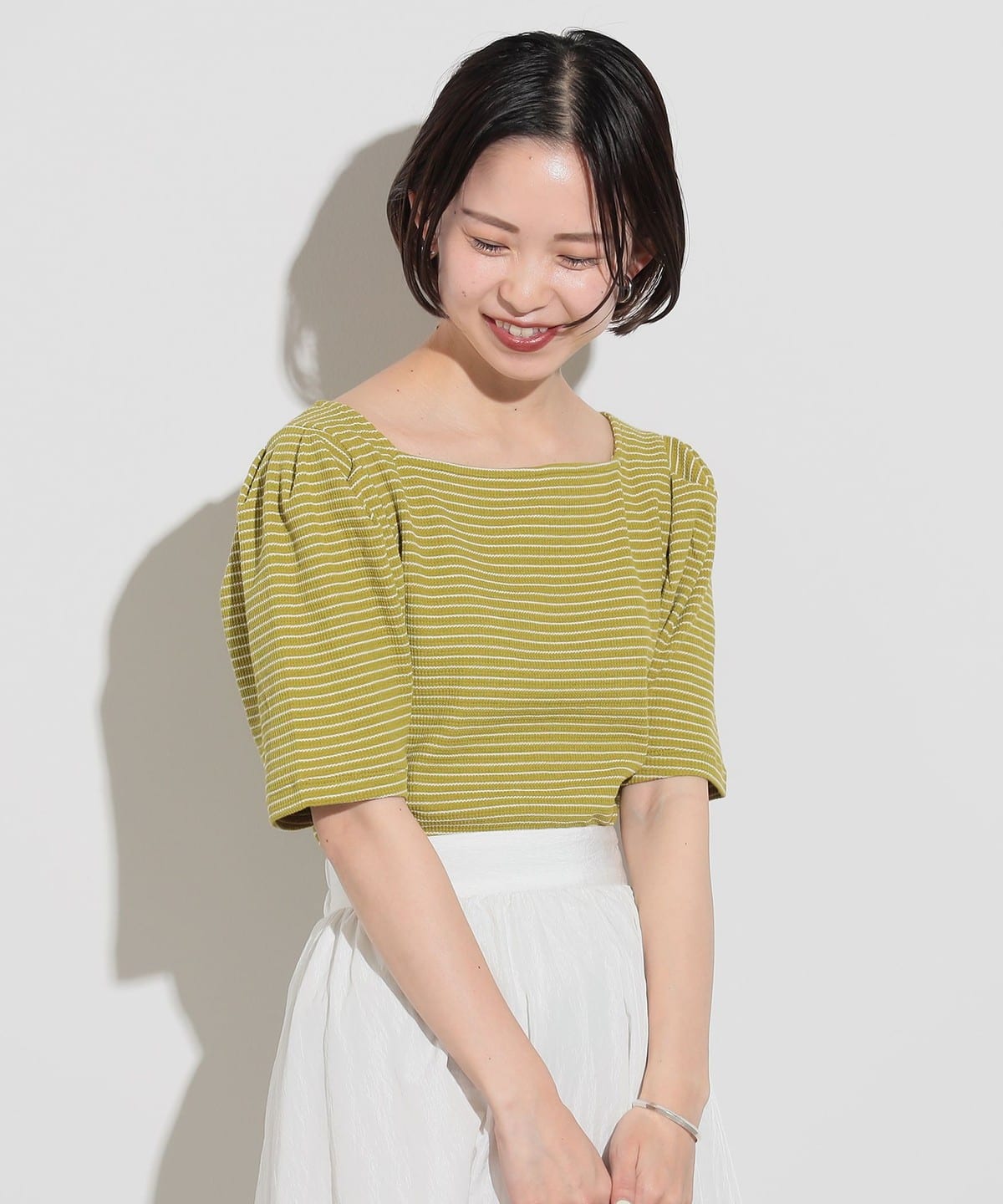 タックスリーブ ボーダープルオーバー Tシャツ・カットソー WOMEN LIME ONE SIZE タックスリーブ ボーダープルオーバー Tシャツ・カットソー WOMEN LIME ONE SIZE