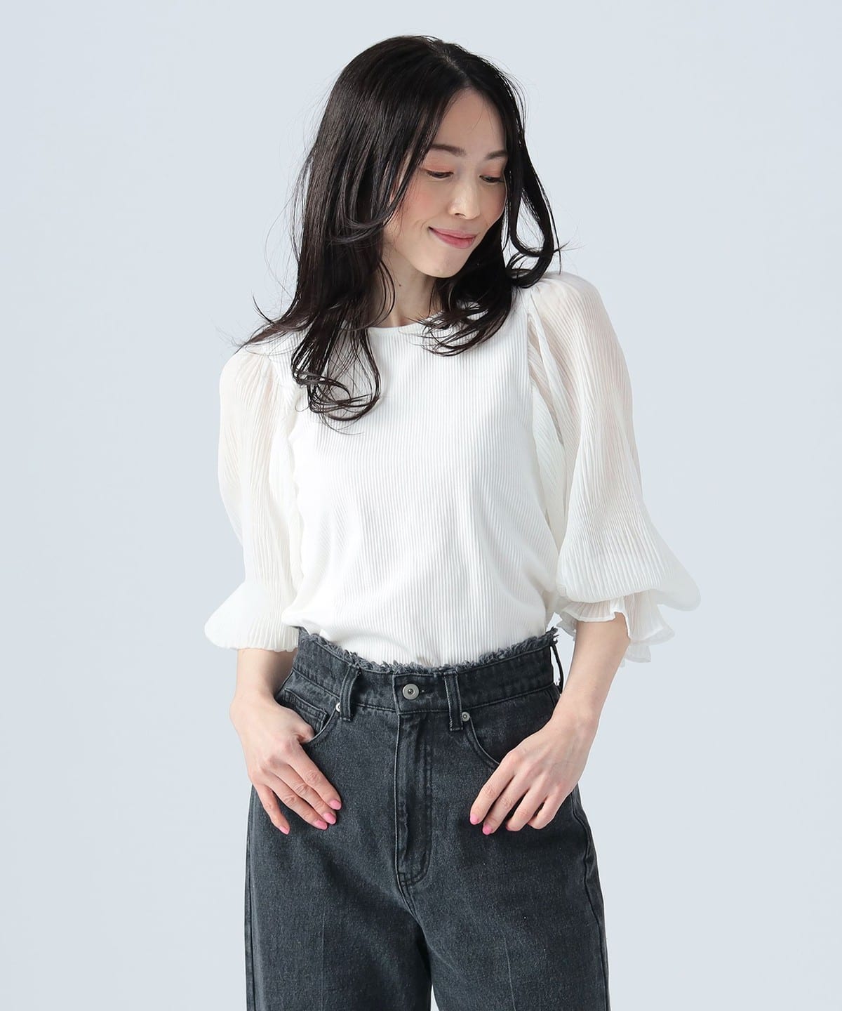 袖プリーツ カットソー Tシャツ・カットソー WOMEN OFF WHITE ONE SIZE 袖プリーツ カットソー Tシャツ・カットソー WOMEN OFF WHITE ONE SIZE