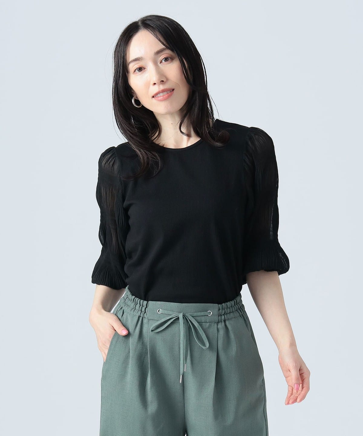 袖プリーツ カットソー Tシャツ・カットソー WOMEN BLACK ONE SIZE 袖プリーツ カットソー Tシャツ・カットソー WOMEN BLACK ONE SIZE