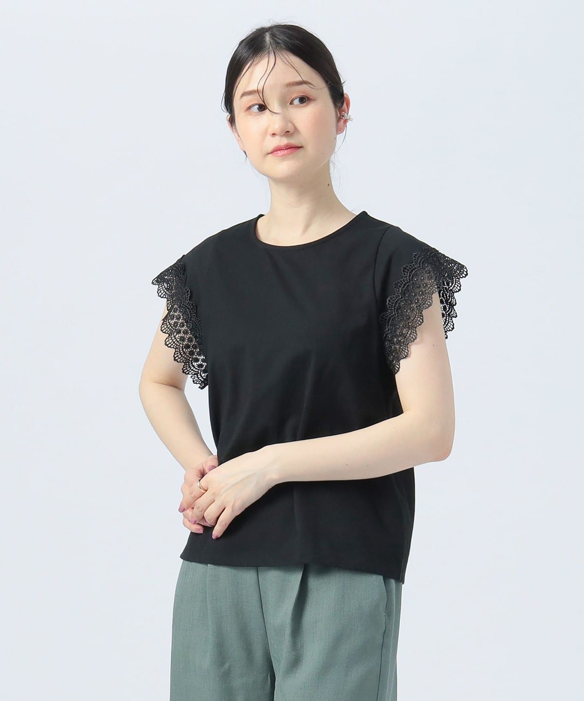 袖口レース プルオーバー Tシャツ・カットソー WOMEN BLACK ONE SIZE 袖口レース プルオーバー Tシャツ・カットソー WOMEN BLACK ONE SIZE