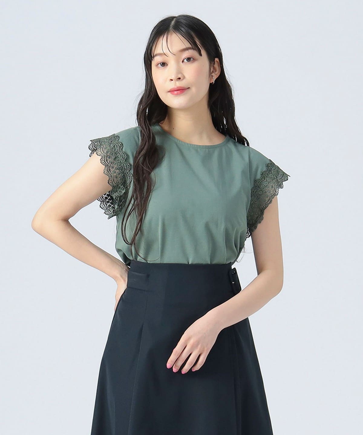 袖口レース プルオーバー Tシャツ・カットソー WOMEN GREEN ONE SIZE 袖口レース プルオーバー Tシャツ・カットソー WOMEN GREEN ONE SIZE