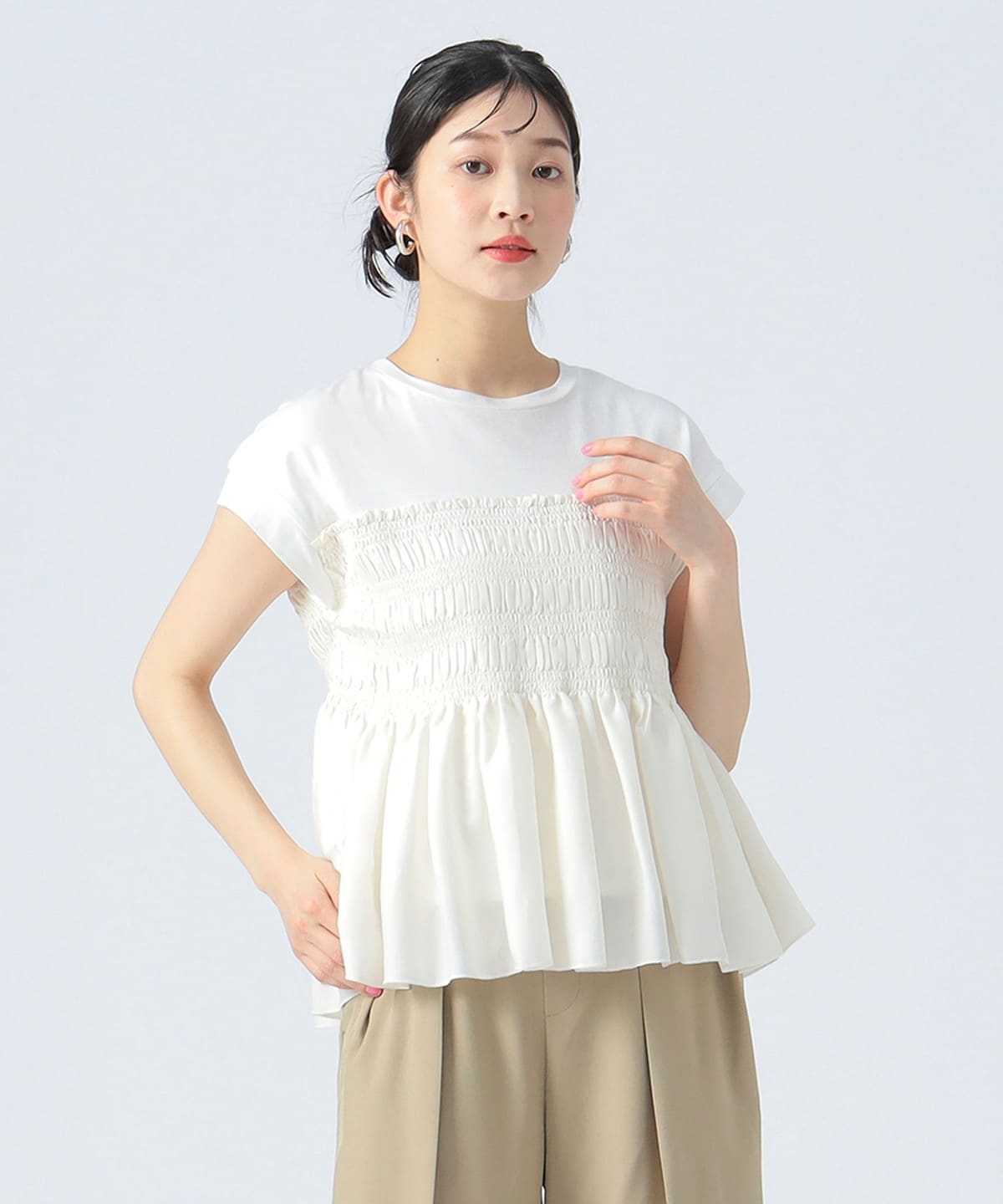 異素材シャーリング フレンチ プルオーバー Tシャツ・カットソー WOMEN OFF WHITE ONE SIZE 異素材シャーリング フレンチ プルオーバー Tシャツ・カットソー WOMEN OFF WHITE ONE SIZE
