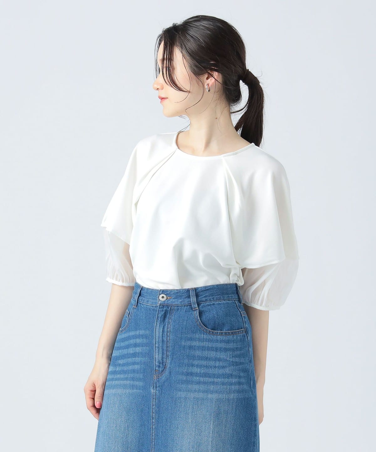 シアー切替 ランタンスリーブ プルオーバー Tシャツ・カットソー WOMEN OFF WHITE ONE SIZE シアー切替 ランタンスリーブ プルオーバー Tシャツ・カットソー WOMEN OFF WHITE ONE SIZE