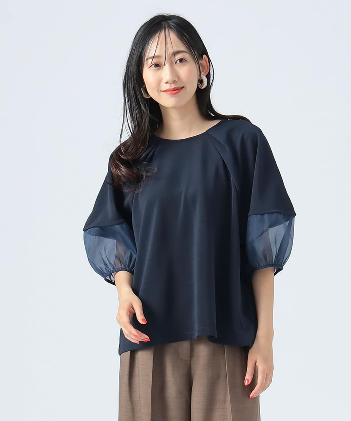 シアー切替 ランタンスリーブ プルオーバー Tシャツ・カットソー WOMEN NAVY ONE SIZE シアー切替 ランタンスリーブ プルオーバー Tシャツ・カットソー WOMEN NAVY ONE SIZE