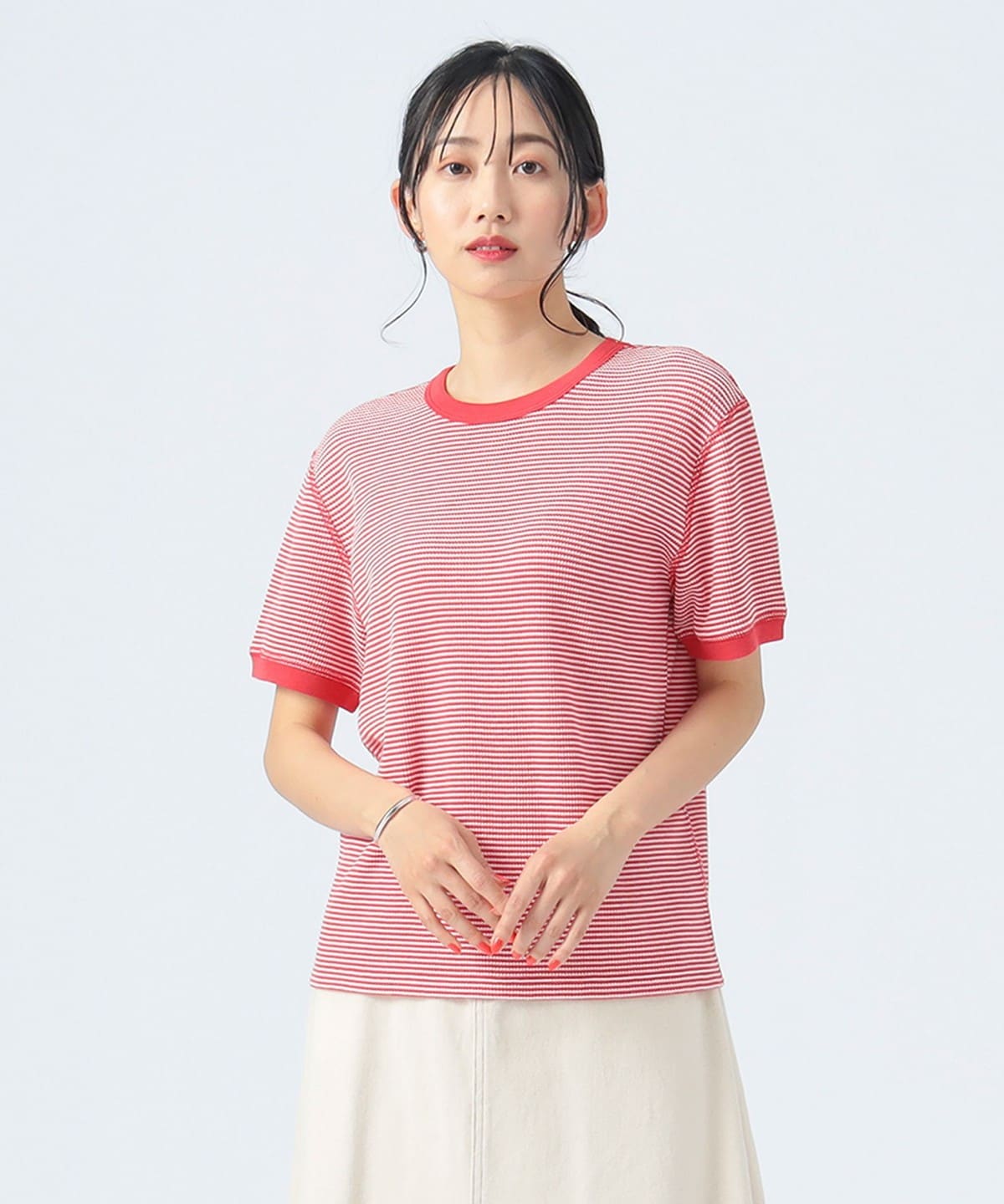 ワッフル ボーダー プルオーバー Tシャツ・カットソー WOMEN RED ONE SIZE ワッフル ボーダー プルオーバー Tシャツ・カットソー WOMEN RED ONE SIZE