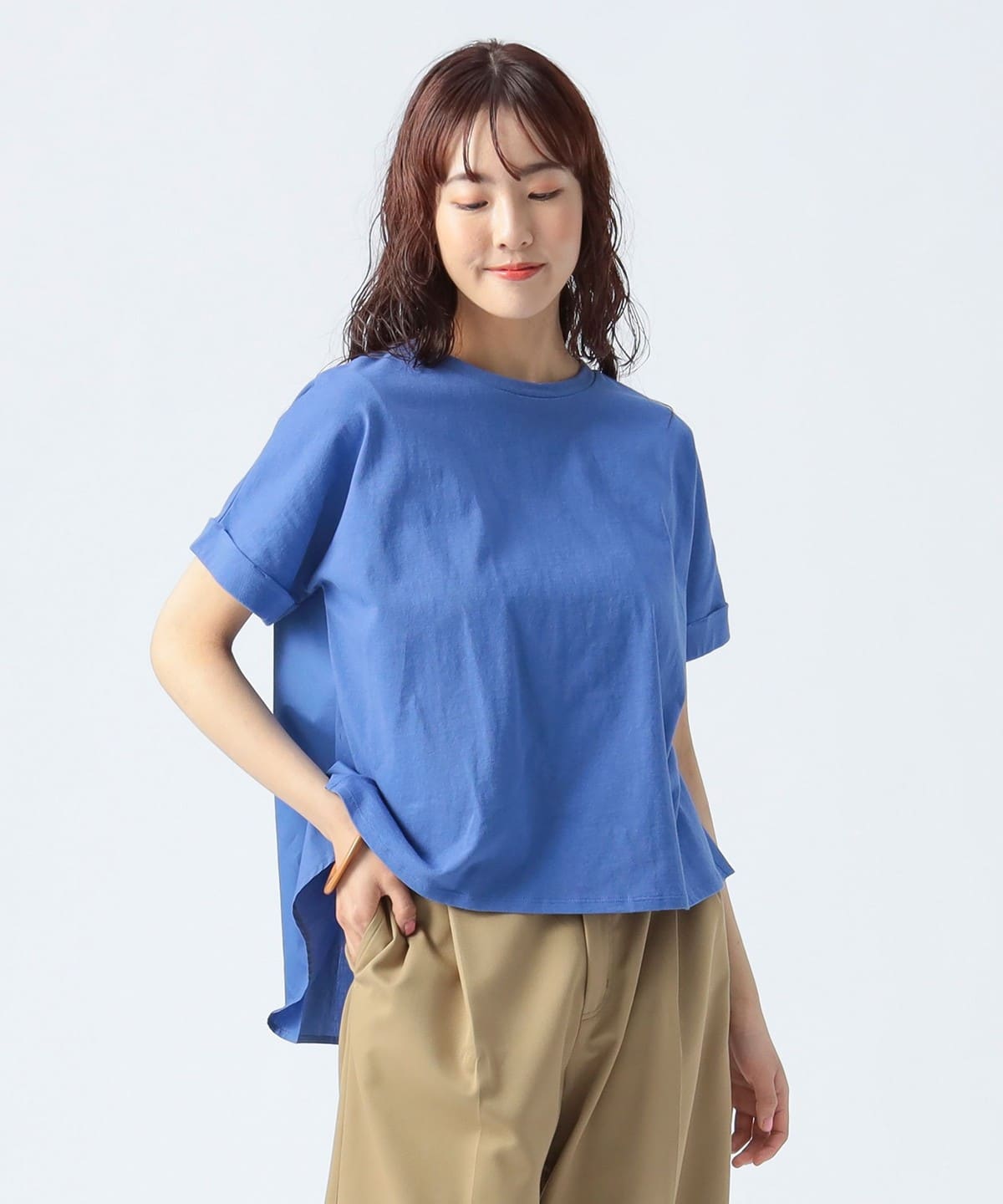 後ボタン 異素材 プルオーバー Tシャツ・カットソー WOMEN BLUE ONE SIZE 後ボタン 異素材 プルオーバー Tシャツ・カットソー WOMEN BLUE ONE SIZE
