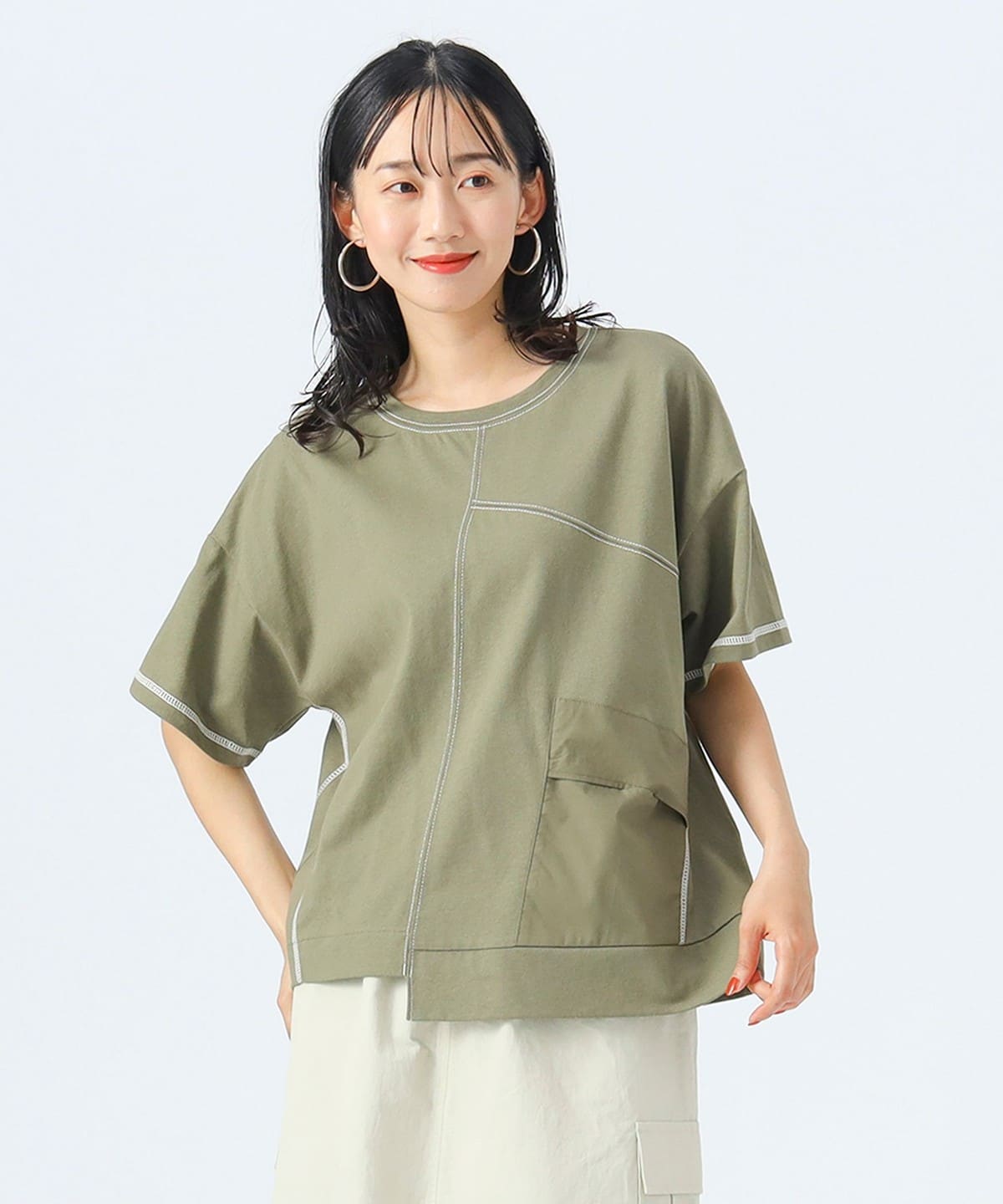 パッチワーク 切替 プルオーバー Tシャツ・カットソー WOMEN OLIVE ONE SIZE パッチワーク 切替 プルオーバー Tシャツ・カットソー WOMEN OLIVE ONE SIZE