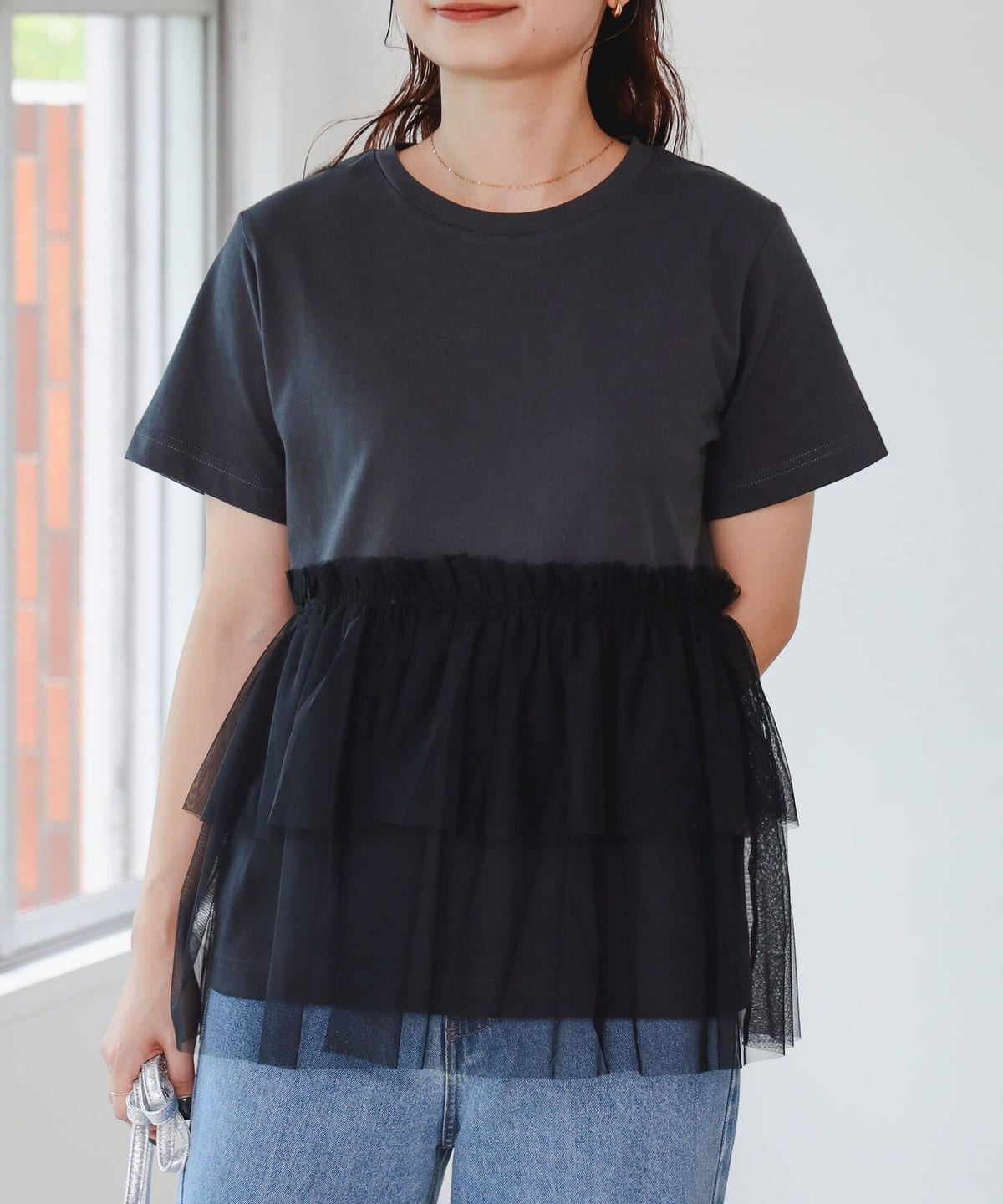 ダブルレイヤードチュール プルオーバー Tシャツ・カットソー WOMEN CHARCOAL ONE SIZE