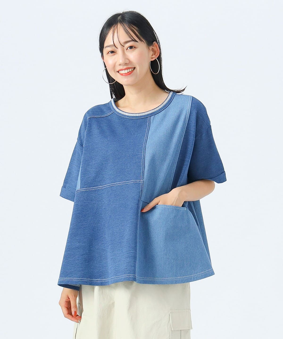 異素材 コットン デニム プルオーバー Tシャツ・カットソー WOMEN BLUE ONE SIZE 異素材 コットン デニム プルオーバー Tシャツ・カットソー WOMEN BLUE ONE SIZE