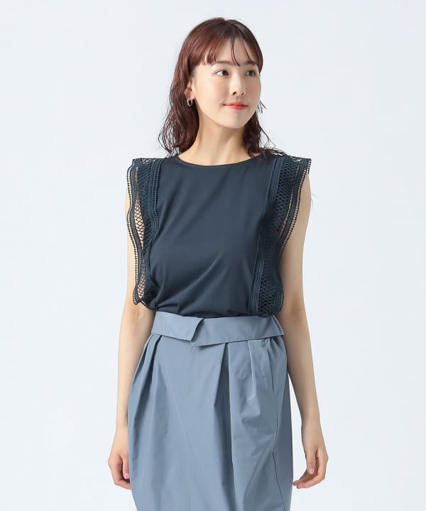 BEAMS - 【新品】ビームスハート　ノースリーブカットソー　レース　ハイネック　ネイビー BEAMS HEART（ビームス ハート）ノースリーブ ハイネック プル