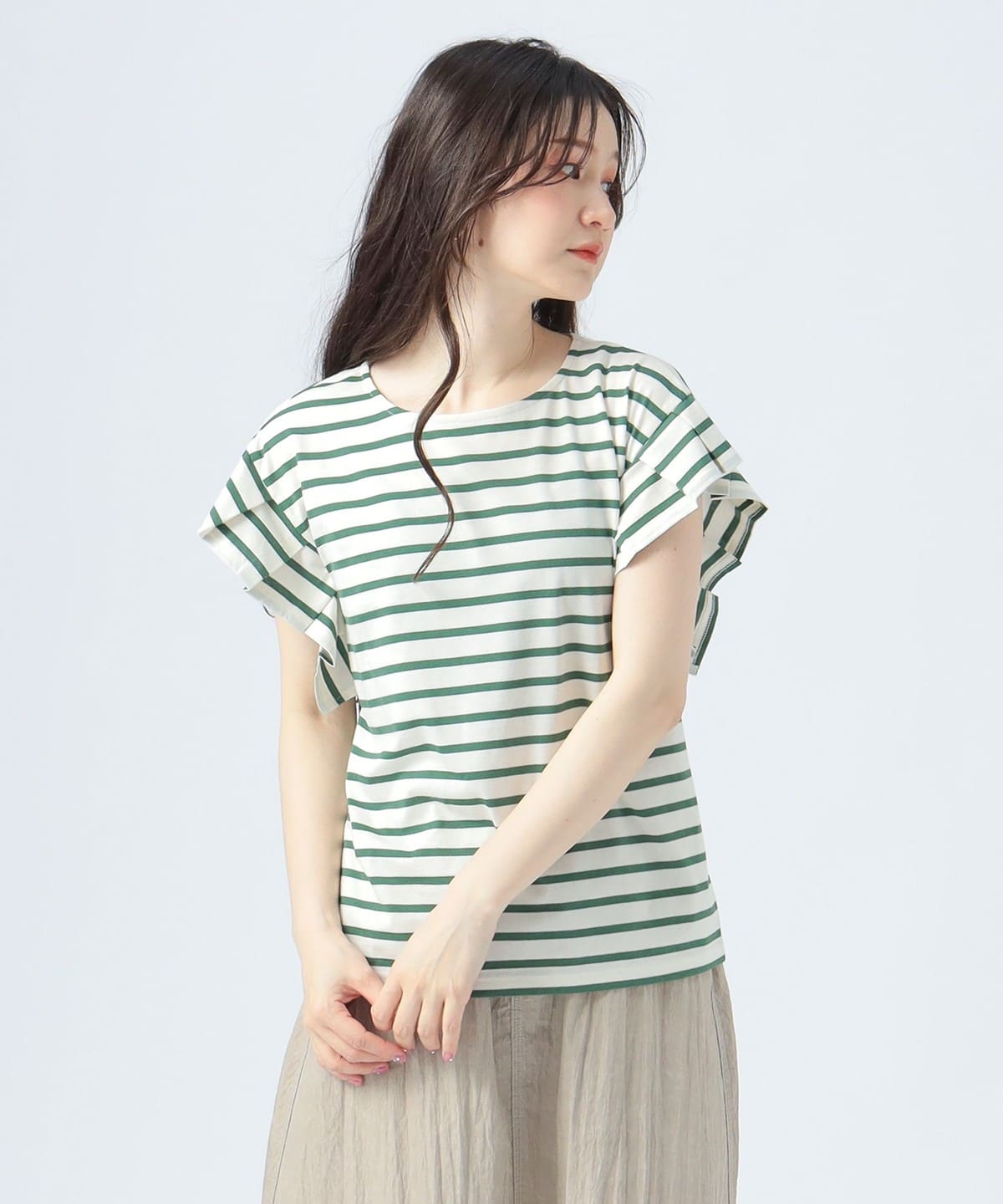 ボーダー 袖タック プルオーバー Tシャツ・カットソー WOMEN GREEN ONE SIZE ボーダー 袖タック プルオーバー Tシャツ・カットソー WOMEN GREEN ONE SIZE