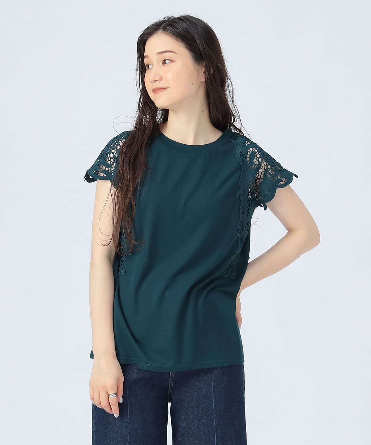 レース 袖コンビ Tシャツ Tシャツ・カットソー WOMEN DARK GREEN ONE SIZE レース 袖コンビ Tシャツ Tシャツ・カットソー WOMEN DARK GREEN ONE SIZE