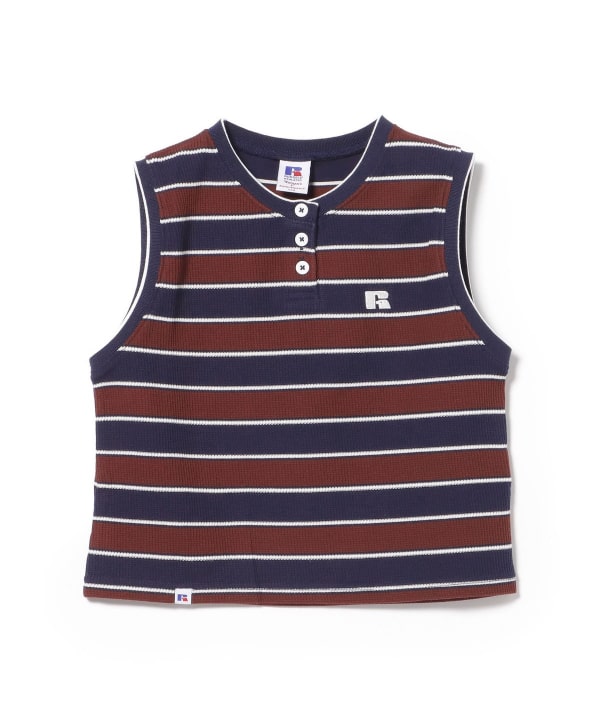 【10%OFFクーポン対象】【EXCLUSIVE】RUSSELL ATHLETIC / ワッフル ボーダー ノースリーブ Tシャツ