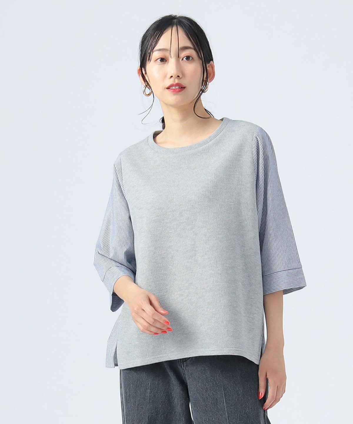 ワッフル × ストライプ プルオーバー Tシャツ・カットソー WOMEN LIGHT GREY① ONE SIZE ワッフル × ストライプ プルオーバー Tシャツ・カットソー WOMEN LIGHT GREY① ONE SIZE