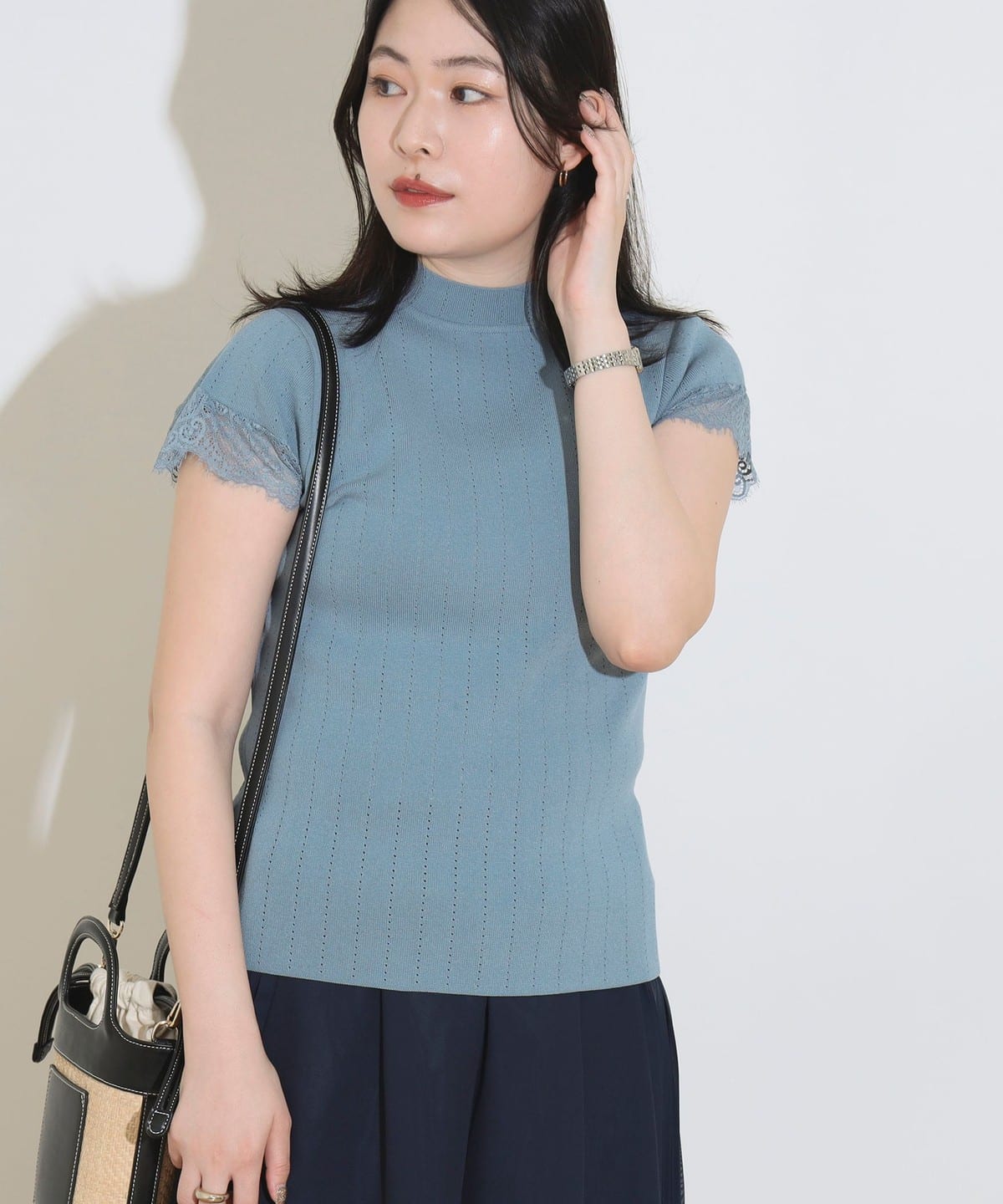 袖レース ハイネック プルオーバー トップス WOMEN BLUE ONE SIZE 袖レース ハイネック プルオーバー トップス WOMEN BLUE ONE SIZE
