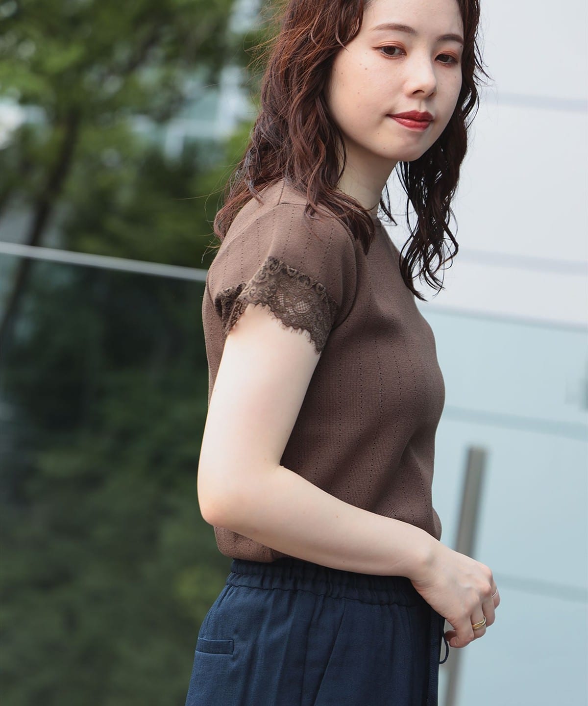 袖レース アイレットニット プルオーバー トップス WOMEN BROWN ONE SIZE 袖レース アイレットニット プルオーバー トップス WOMEN BROWN ONE SIZE