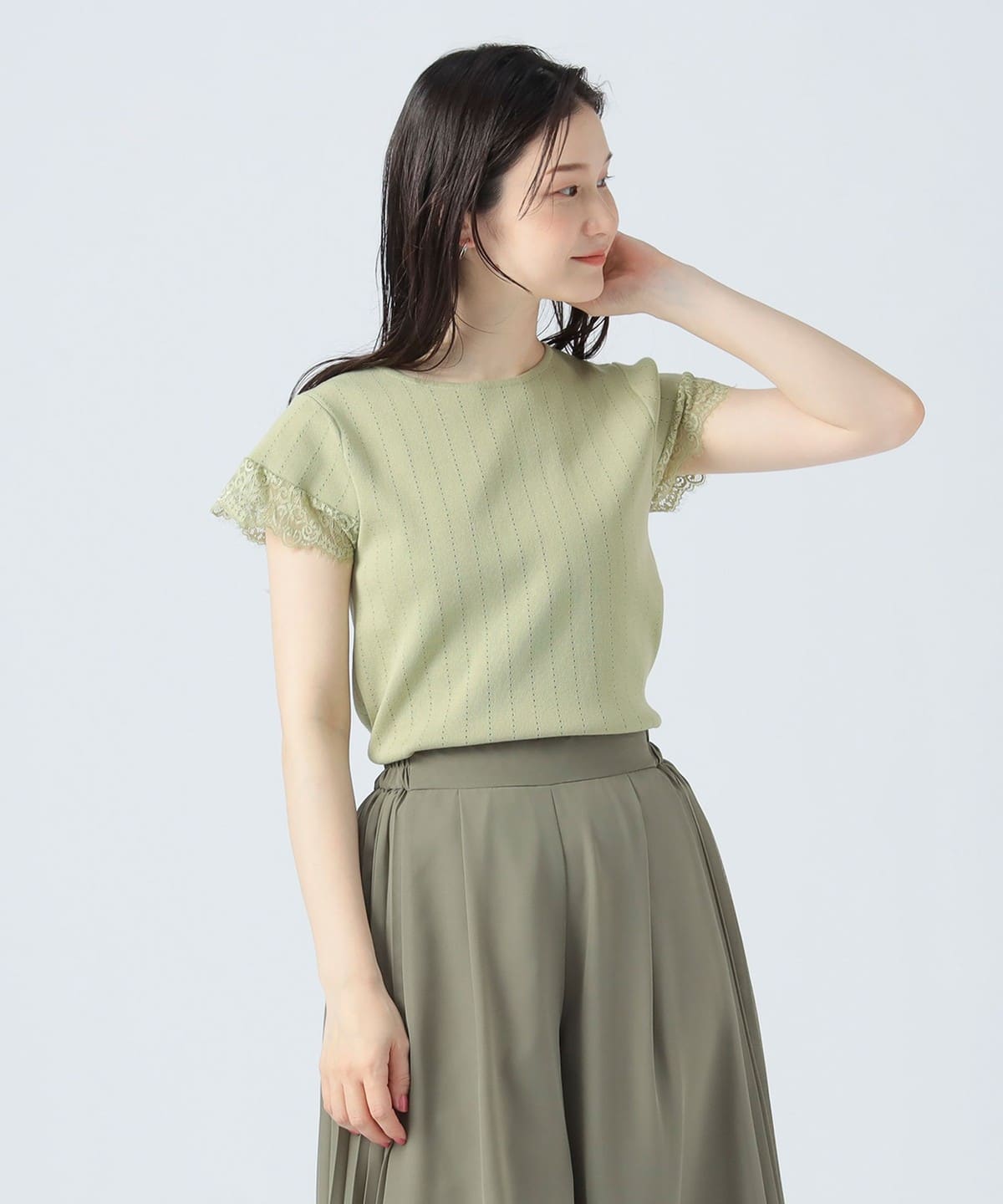 袖レース アイレットニット プルオーバー トップス WOMEN LIME ONE SIZE 袖レース アイレットニット プルオーバー トップス WOMEN LIME ONE SIZE