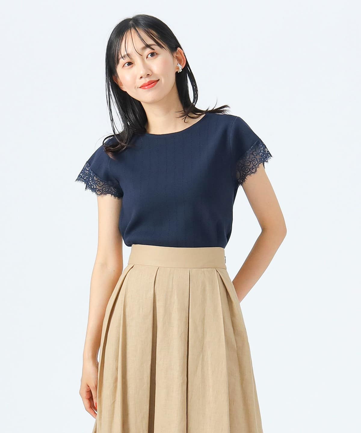 【6/5新規値下げ】袖レース アイレットニット プルオーバー トップス WOMEN NAVY ONE SIZE 【6/5新規値下げ】袖レース アイレットニット プルオーバー トップス WOMEN NAVY ONE SIZE