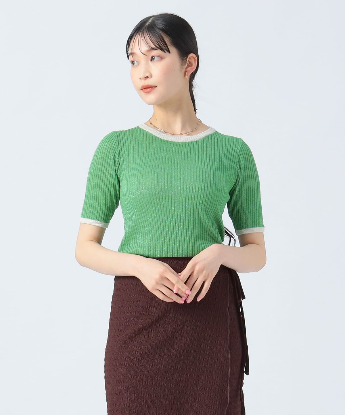 配色 ラメ リブ プルオーバー トップス WOMEN GREEN ONE SIZE 配色 ラメ リブ プルオーバー トップス WOMEN GREEN ONE SIZE