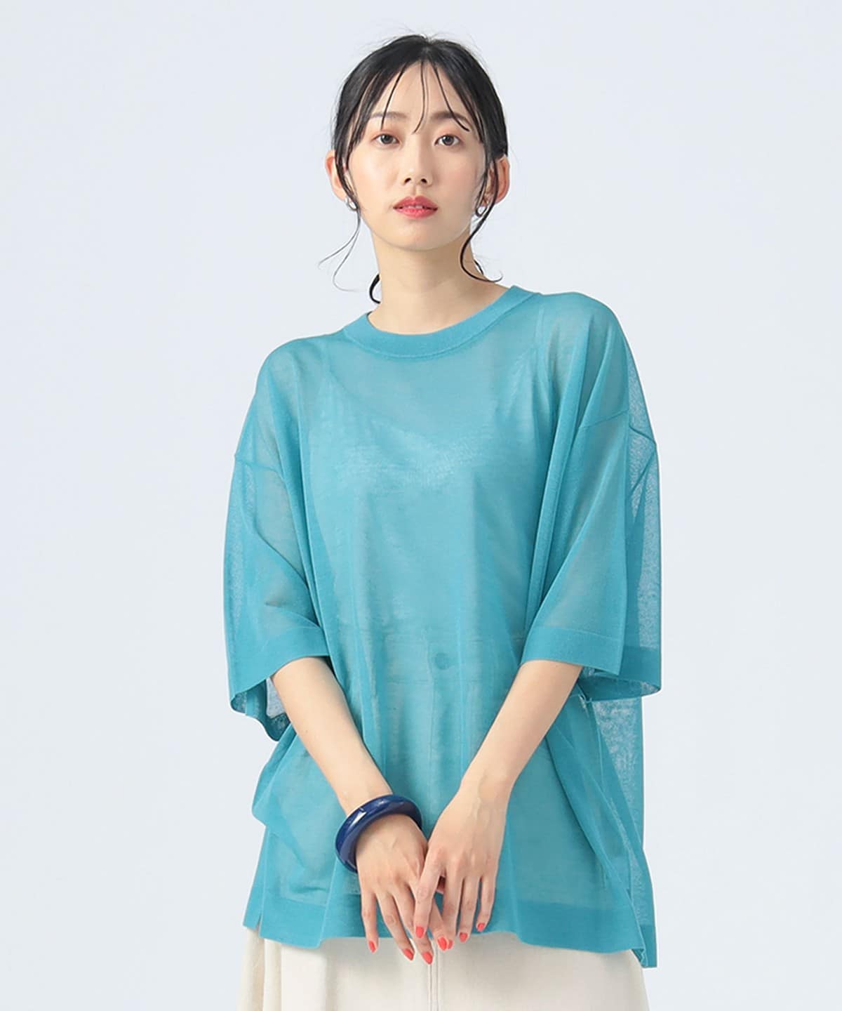 麻混 シアー ニットTシャツ トップス WOMEN TURQUOISE ONE SIZE 麻混 シアー ニットTシャツ トップス WOMEN TURQUOISE ONE SIZE