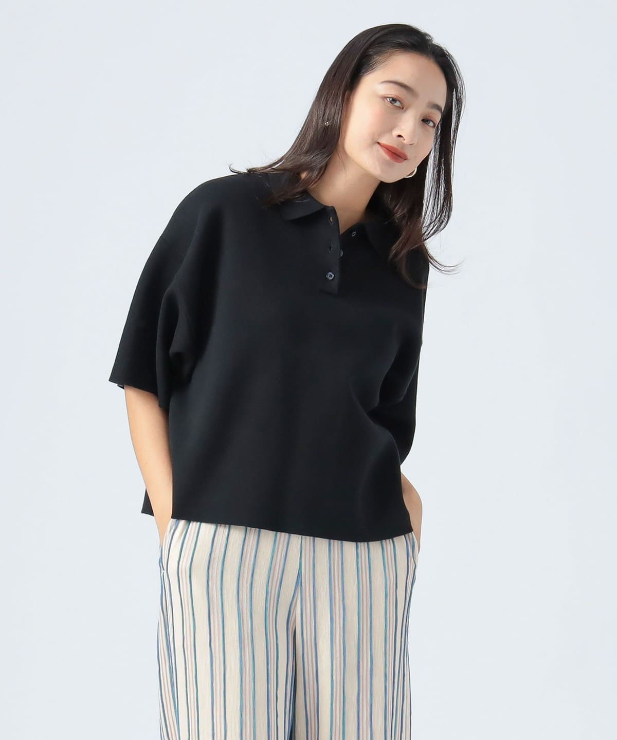 ハーフスリーブ ニットポロ シャツ・ブラウス WOMEN BLACK ONE SIZE ハーフスリーブ ニットポロ シャツ・ブラウス WOMEN BLACK ONE SIZE