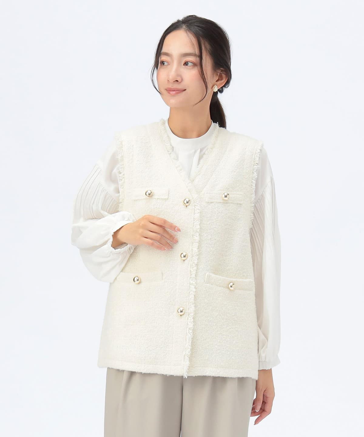 フリンジ ツイード ベスト トップス WOMEN OFF WHITE ONE SIZE フリンジ ツイード ベスト トップス WOMEN OFF WHITE ONE SIZE