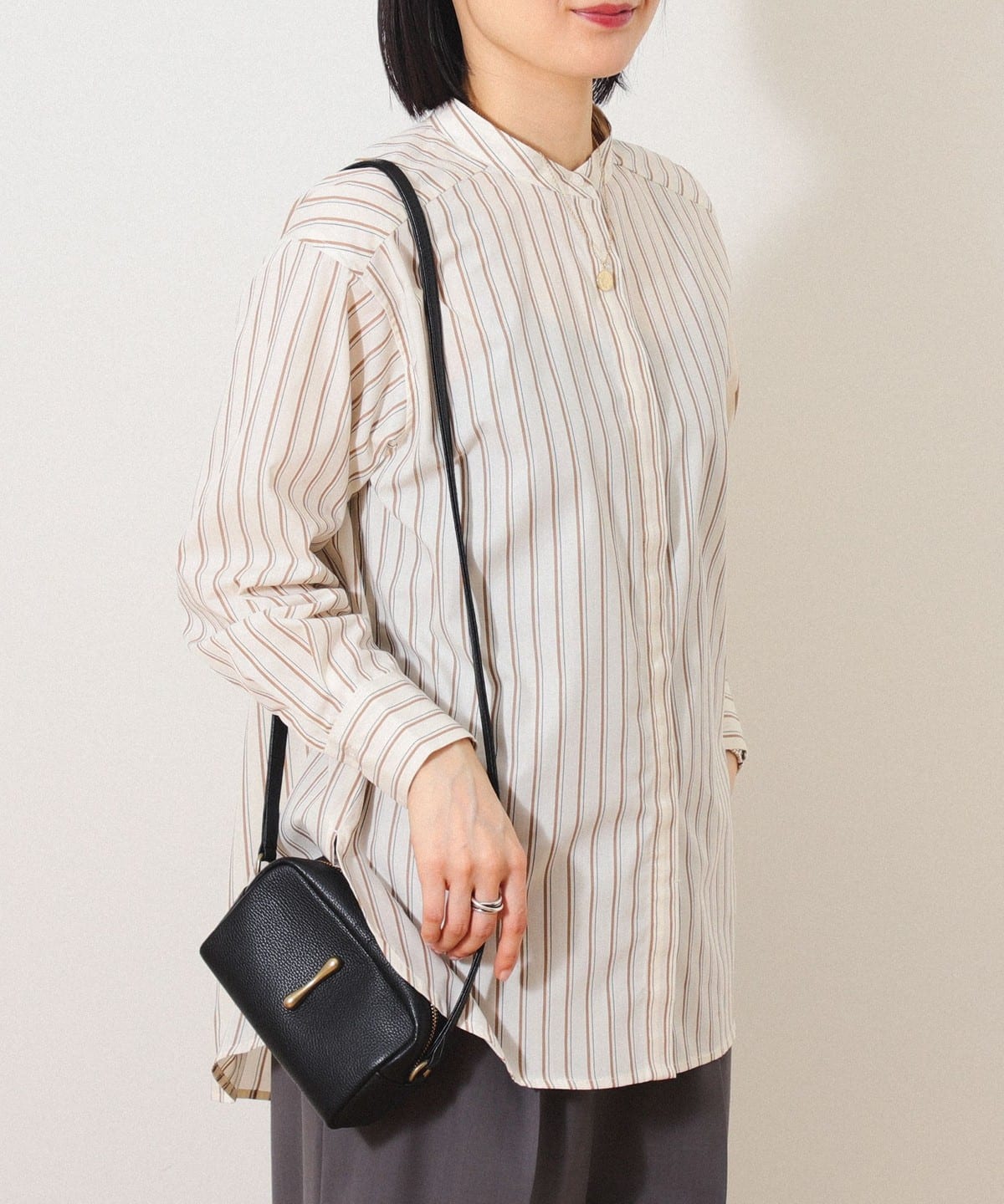 バンドカラー オーバーシャツ シャツ・ブラウス WOMEN BEIGE STRIPE ONE SIZE バンドカラー オーバーシャツ シャツ・ブラウス WOMEN BEIGE STRIPE ONE SIZE