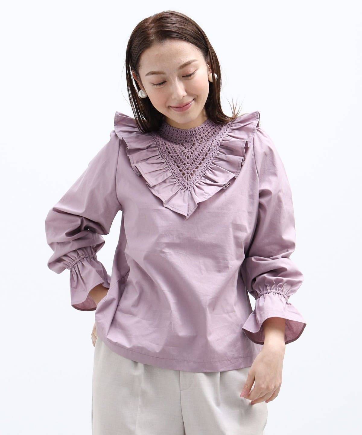 フリル ブラウス シャツ・ブラウス WOMEN GREYISH PURPLE ONE SIZE フリル ブラウス シャツ・ブラウス WOMEN GREYISH PURPLE ONE SIZE