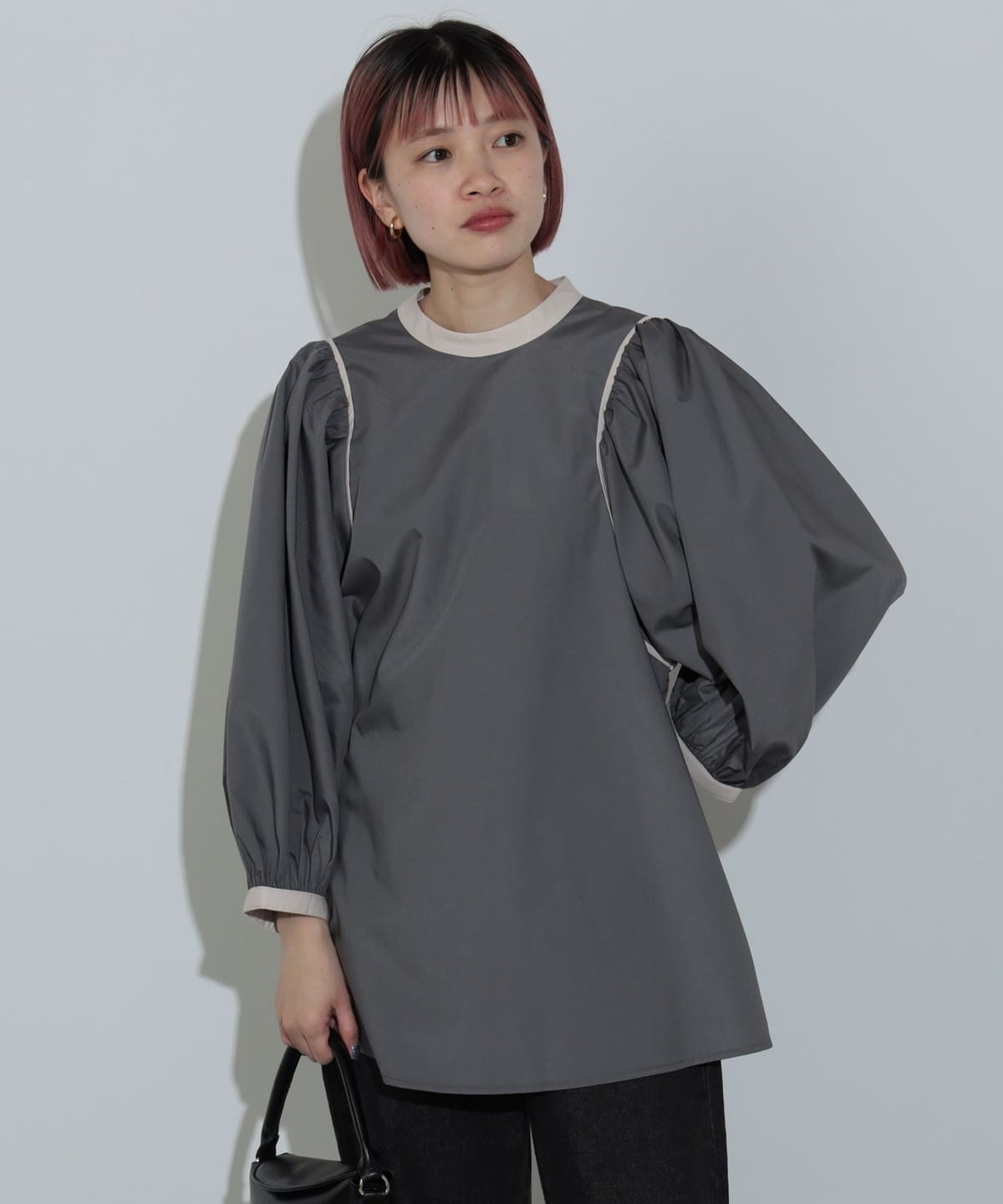 ノーカラー 袖ギャザー ブラウス シャツ・ブラウス WOMEN CHARCOAL ONE SIZE ノーカラー 袖ギャザー ブラウス シャツ・ブラウス WOMEN CHARCOAL ONE SIZE