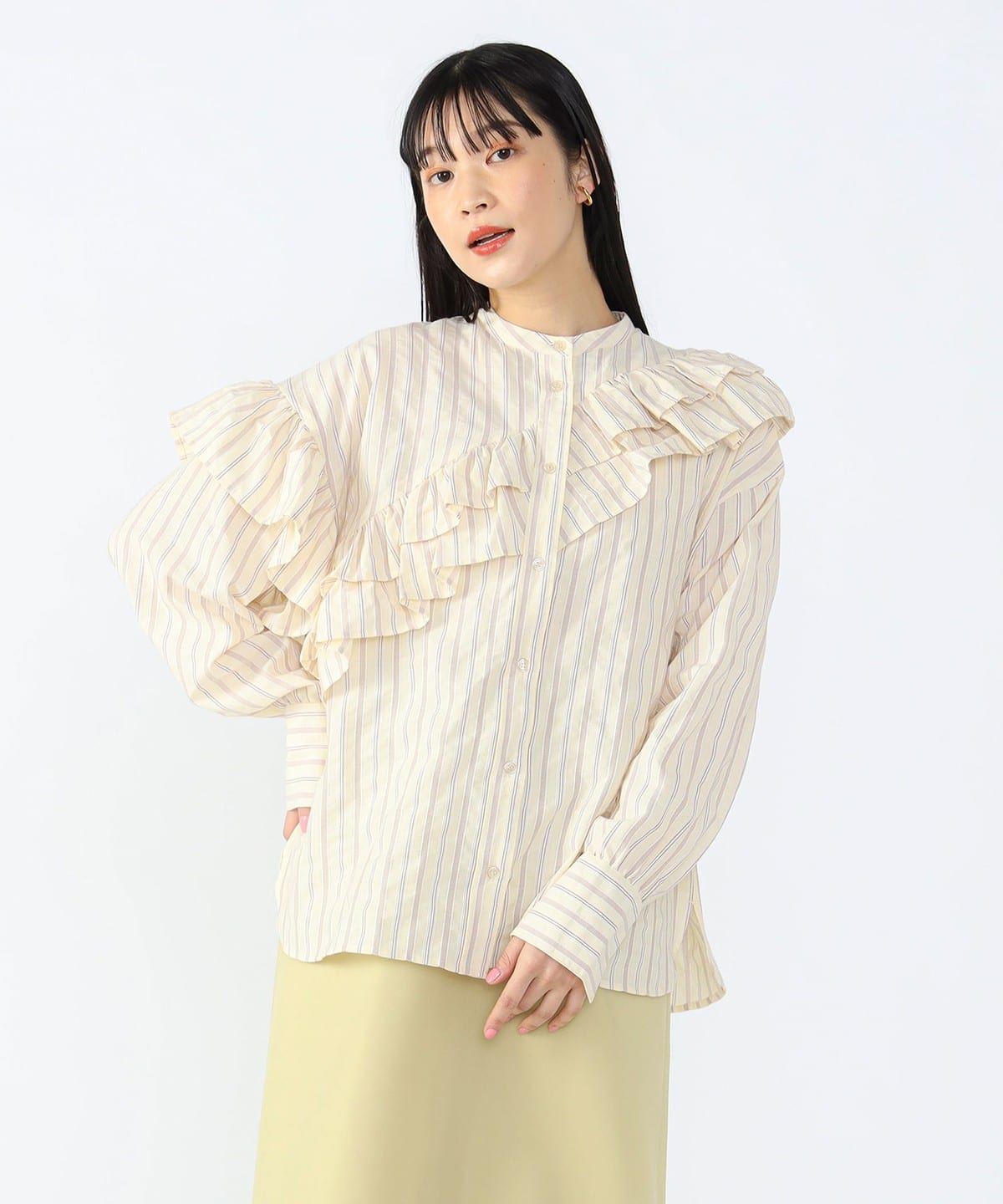 ストライプ フリル ブラウス シャツ・ブラウス WOMEN YELLOW ONE SIZE ストライプ フリル ブラウス シャツ・ブラウス WOMEN YELLOW ONE SIZE
