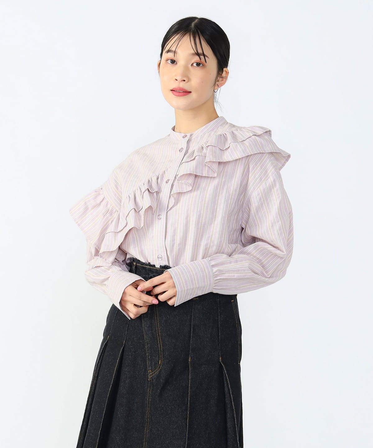 ストライプ フリル ブラウス シャツ・ブラウス WOMEN PURPLE ONE SIZE ストライプ フリル ブラウス シャツ・ブラウス WOMEN PURPLE ONE SIZE