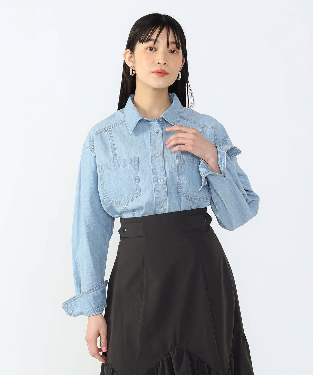 麻混シャンブレー ボタンシャツ シャツ・ブラウス WOMEN LIGHT BLUE ONE SIZE 麻混シャンブレー ボタンシャツ シャツ・ブラウス WOMEN LIGHT BLUE ONE SIZE