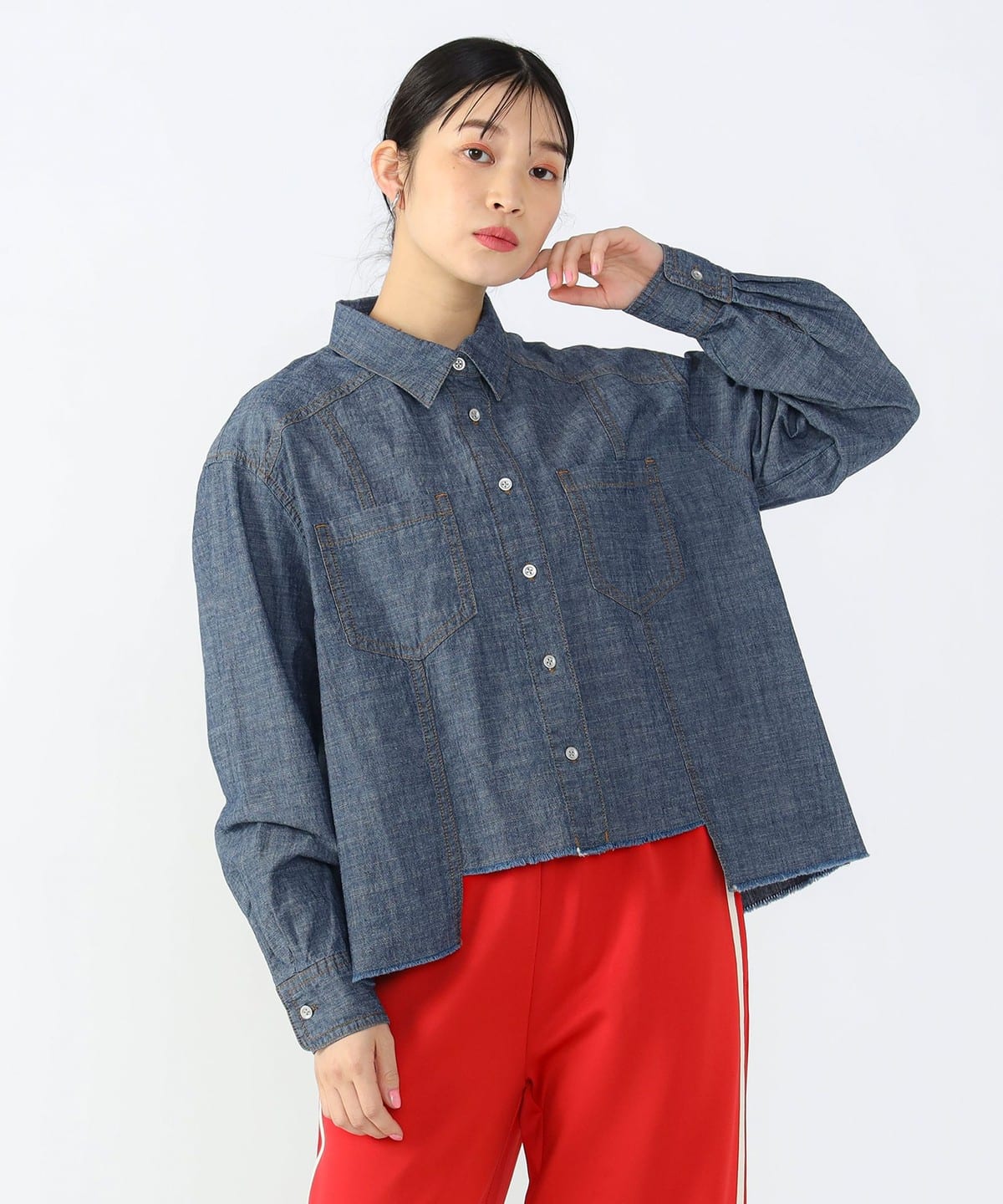 麻混シャンブレー ボタンシャツ シャツ・ブラウス WOMEN NAVY ONE SIZE 麻混シャンブレー ボタンシャツ シャツ・ブラウス WOMEN NAVY ONE SIZE