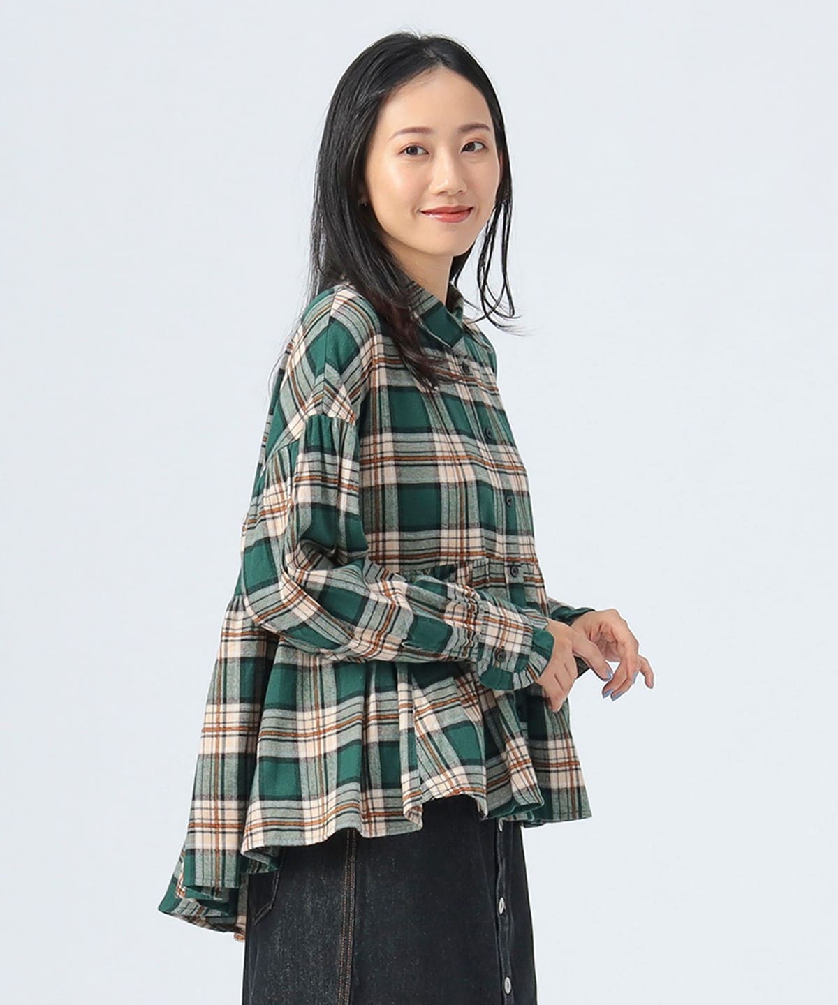 切替 フレア チェック シャツ シャツ・ブラウス WOMEN GREEN ONE SIZE 切替 フレア チェック シャツ シャツ・ブラウス WOMEN GREEN ONE SIZE