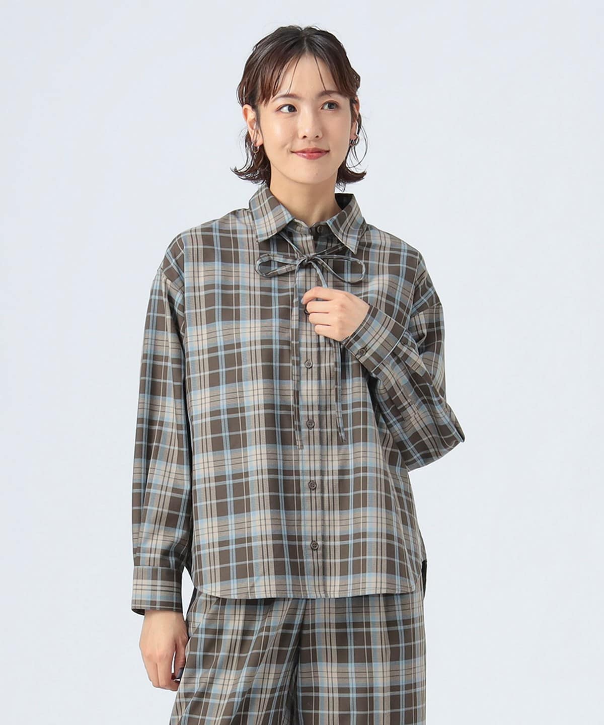 細ボウタイ チェック シャツ シャツ・ブラウス WOMEN BROWN ONE SIZE 細ボウタイ チェック シャツ シャツ・ブラウス WOMEN BROWN ONE SIZE