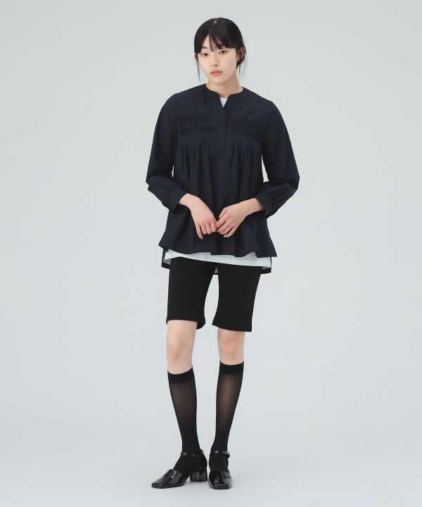 【10%OFFクーポン対象】変形タック ノーカラー ブラウス [H：169cm]