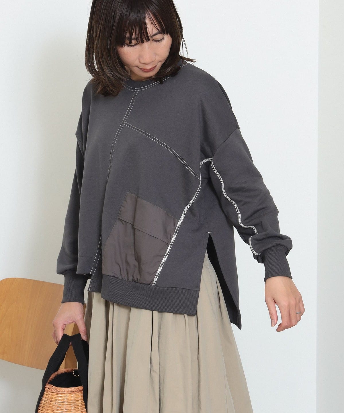 パッチワーク 切替プルオーバー トップス WOMEN CHARCOAL BLACK ONE SIZE パッチワーク 切替プルオーバー トップス WOMEN CHARCOAL BLACK ONE SIZE