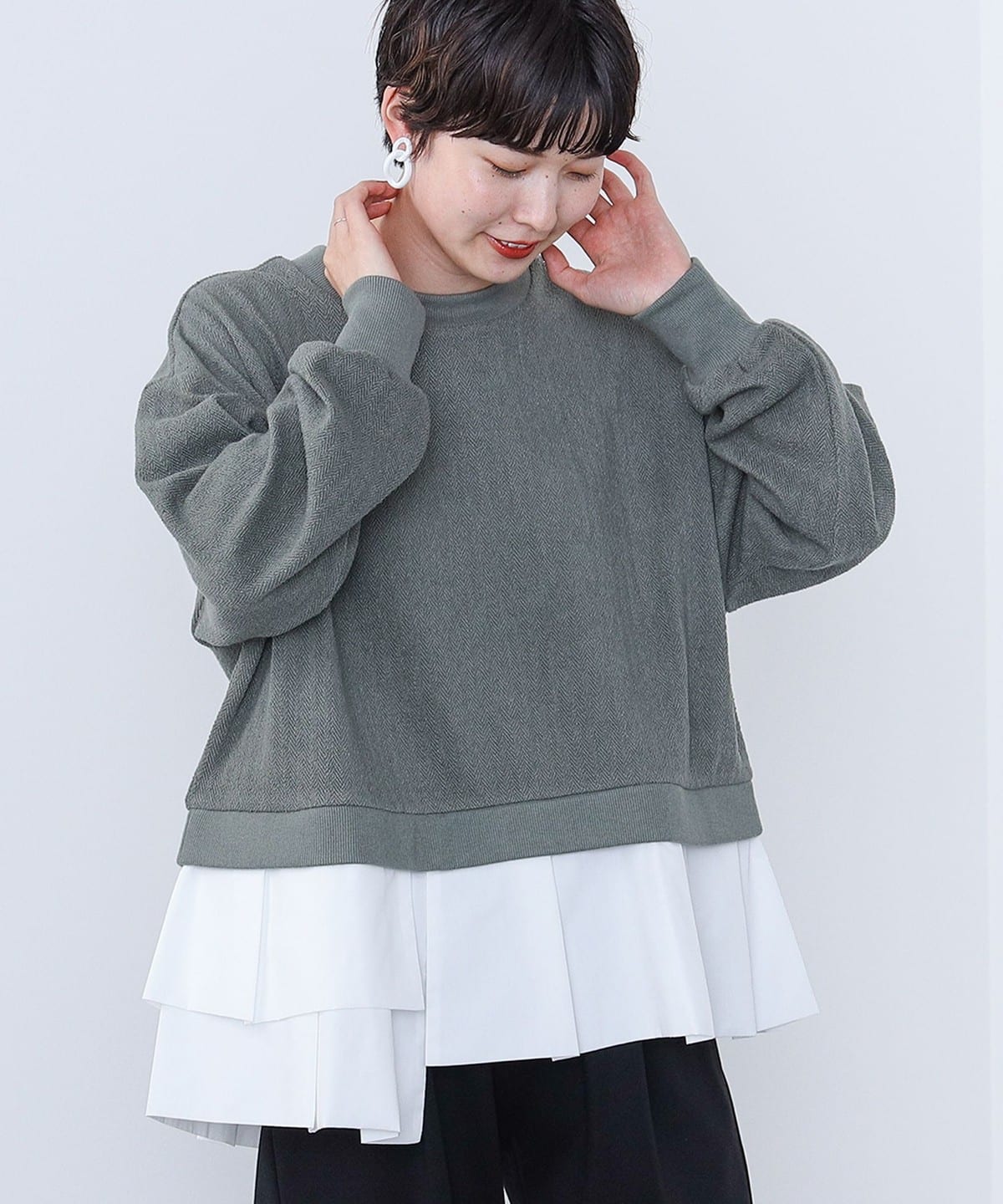ヘリンボーン アシメプルオーバー トップス WOMEN GREEN ONE SIZE ヘリンボーン アシメプルオーバー トップス WOMEN GREEN ONE SIZE