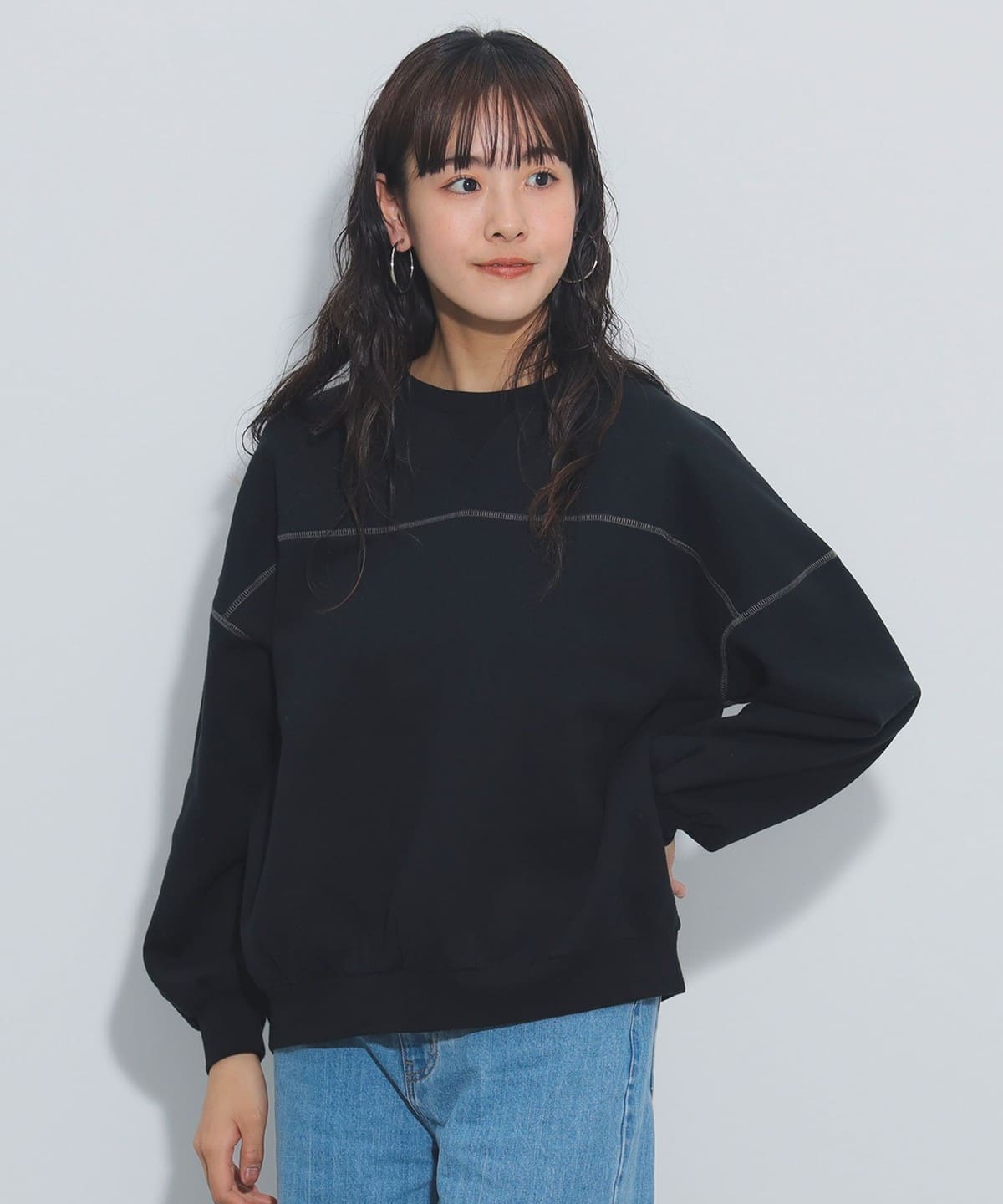 ビッグ 配色ステッチ スウェット トップス WOMEN BLACK ONE SIZE ビッグ 配色ステッチ スウェット トップス WOMEN BLACK ONE SIZE