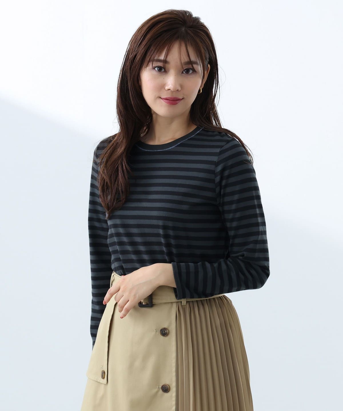 コットン天竺 ボーダー カットソー Tシャツ・カットソー WOMEN CHARCOAL GREY ONE SIZE コットン天竺 ボーダー カットソー Tシャツ・カットソー WOMEN CHARCOAL GREY ONE SIZE