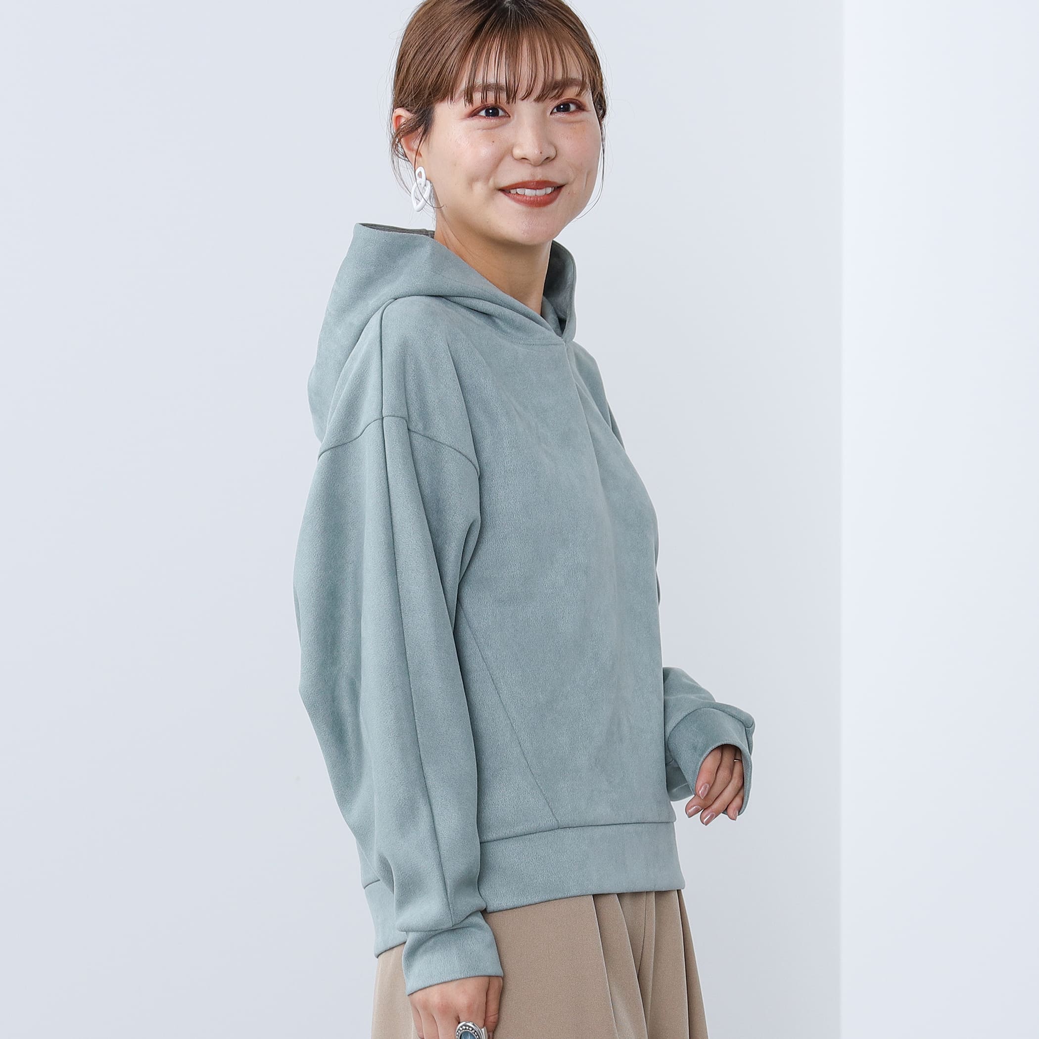 フェイクスエード フーディー トップス WOMEN GREYISH GREEN ONE SIZE フェイクスエード フーディー トップス WOMEN GREYISH GREEN ONE SIZE