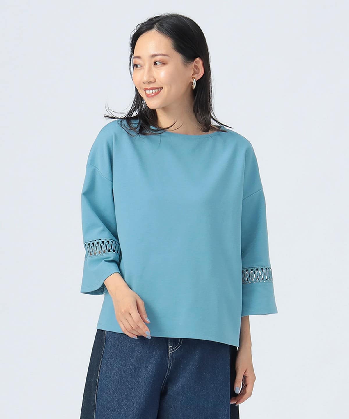 【11/6値下げ】袖レース ポンチプルオーバー Tシャツ・カットソー WOMEN BLUE ONE SIZE