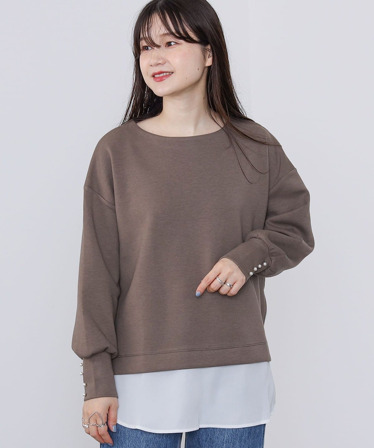 異素材切替 ラウンドヘム プルオーバー Tシャツ・カットソー WOMEN MOCHA ONE SIZE 異素材切替 ラウンドヘム プルオーバー Tシャツ・カットソー WOMEN MOCHA ONE SIZE