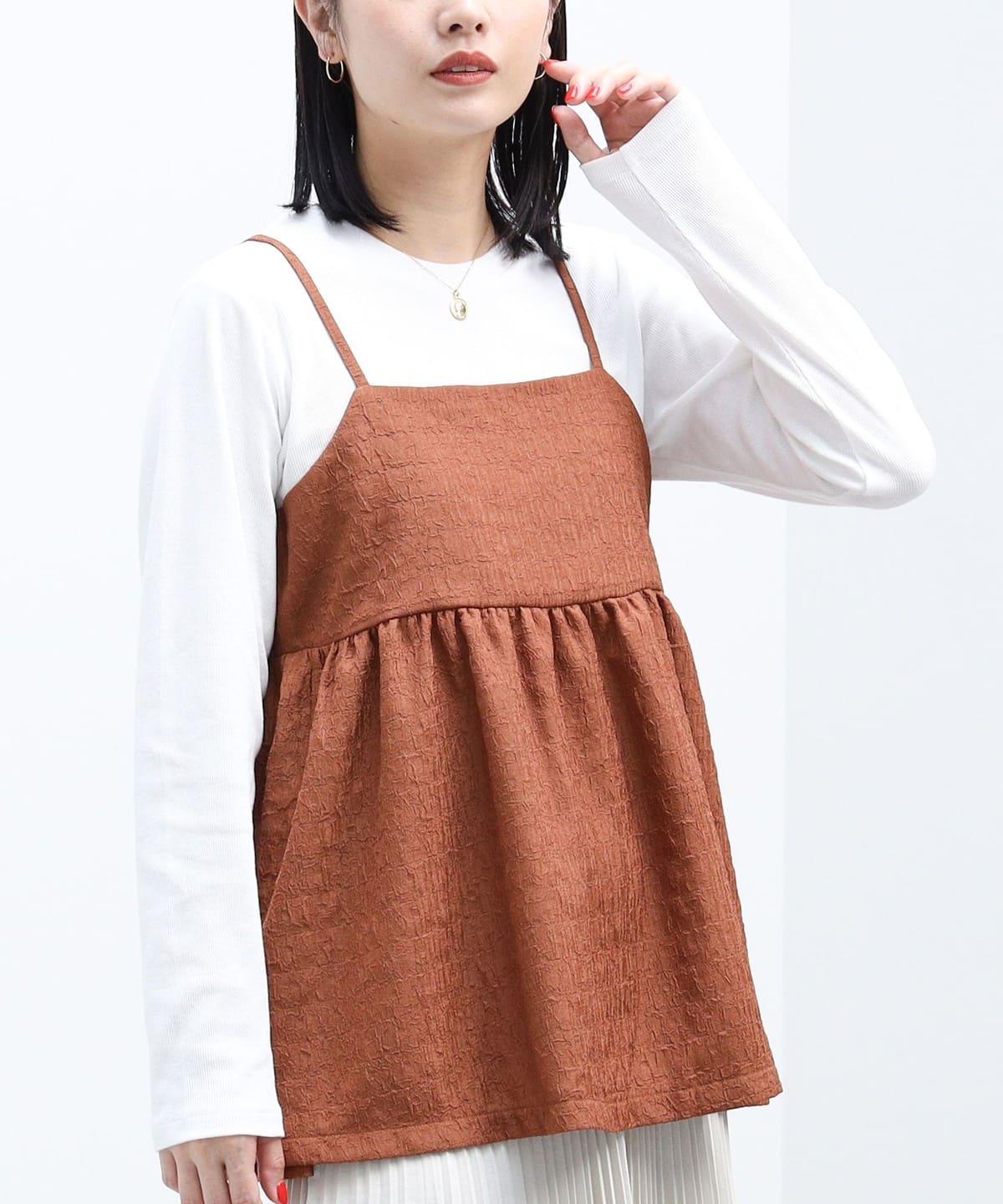 ふくれジャカード キャミ × プルオーバー セット Tシャツ・カットソー WOMEN BROWN ONE SIZE ふくれジャカード キャミ × プルオーバー セット Tシャツ・カットソー WOMEN BROWN ONE SIZE