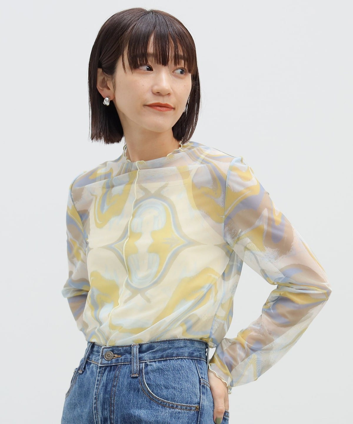 マーブル柄 シアー プルオーバー Tシャツ・カットソー WOMEN YELLOW ONE SIZE マーブル柄 シアー プルオーバー Tシャツ・カットソー WOMEN YELLOW ONE SIZE