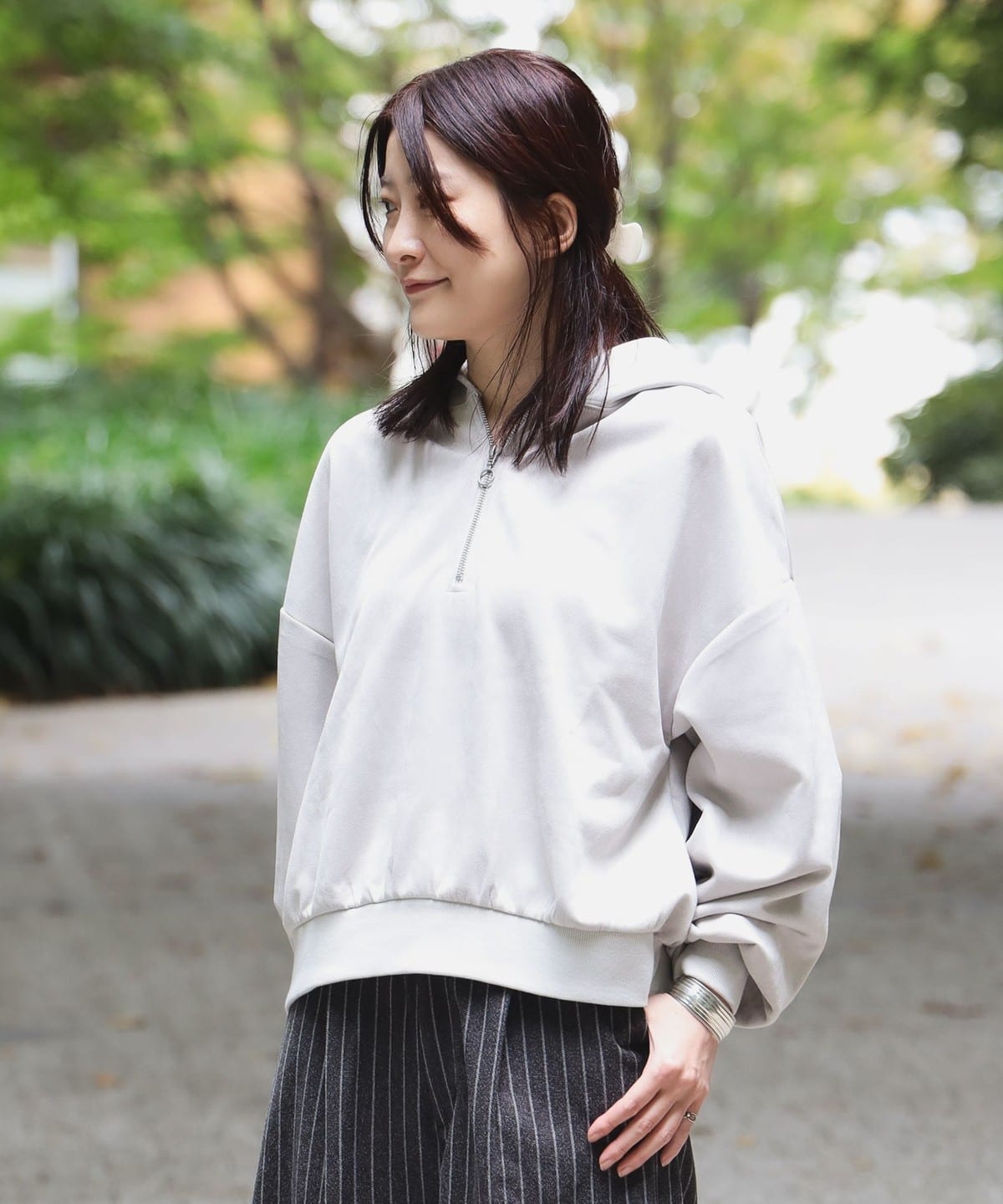 スエード調 ハーフジップ プルオーバー Tシャツ・カットソー WOMEN GREY ONE SIZE スエード調 ハーフジップ プルオーバー Tシャツ・カットソー WOMEN GREY ONE SIZE