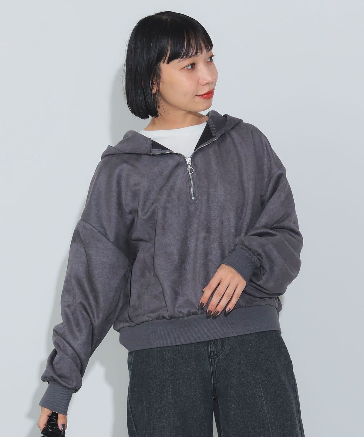 スエード調 ハーフジップ プルオーバー Tシャツ・カットソー WOMEN CHARCOAL ONE SIZE スエード調 ハーフジップ プルオーバー Tシャツ・カットソー WOMEN CHARCOAL ONE SIZE